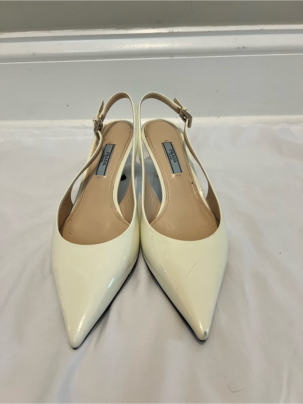 PRADA Ivory Patent Leather Pointed Toe Heels, Size 7 - Picture 3 of 8